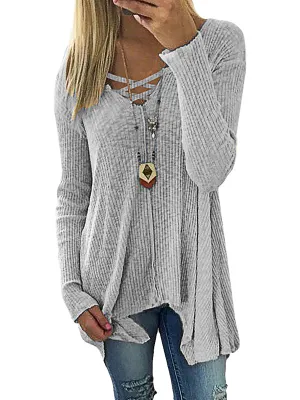 Women's V-neck Blouse Casual Loose Long Sleeve Tops