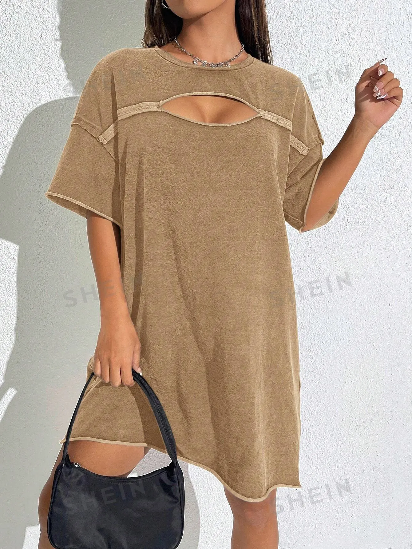 Women's Vintage Distressed Hollow Out Round Neck Short Sleeve Dress