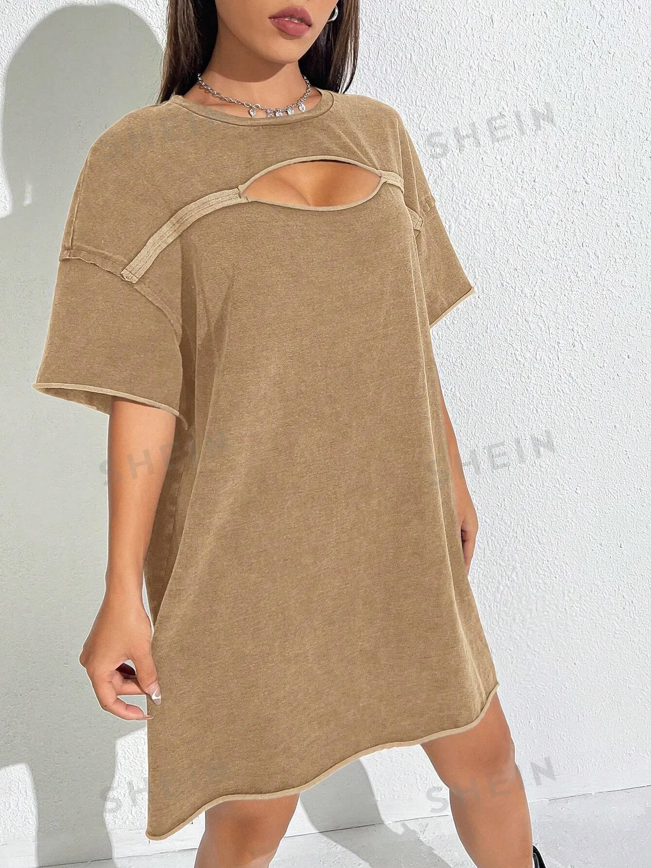 Women's Vintage Distressed Hollow Out Round Neck Short Sleeve Dress