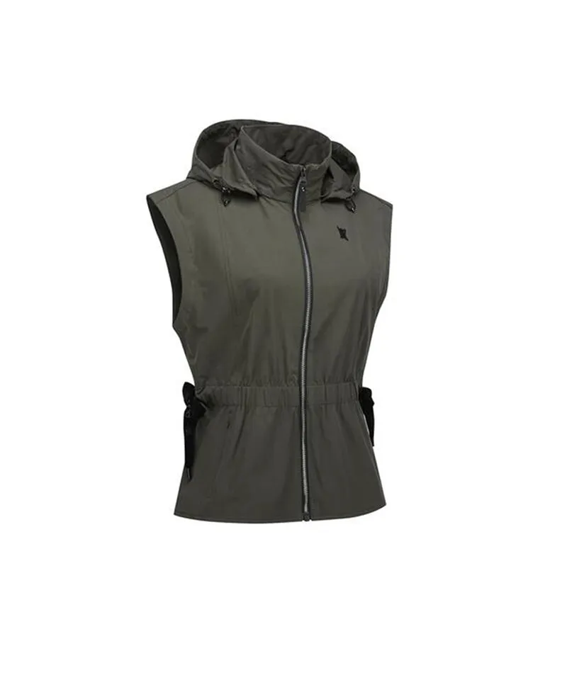 Women's Waist Shirring Hoody Vest - Khaki