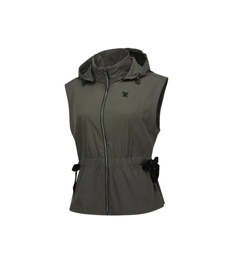 Women's Waist Shirring Hoody Vest - Khaki