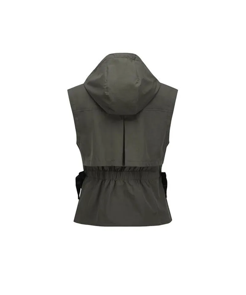 Women's Waist Shirring Hoody Vest - Khaki