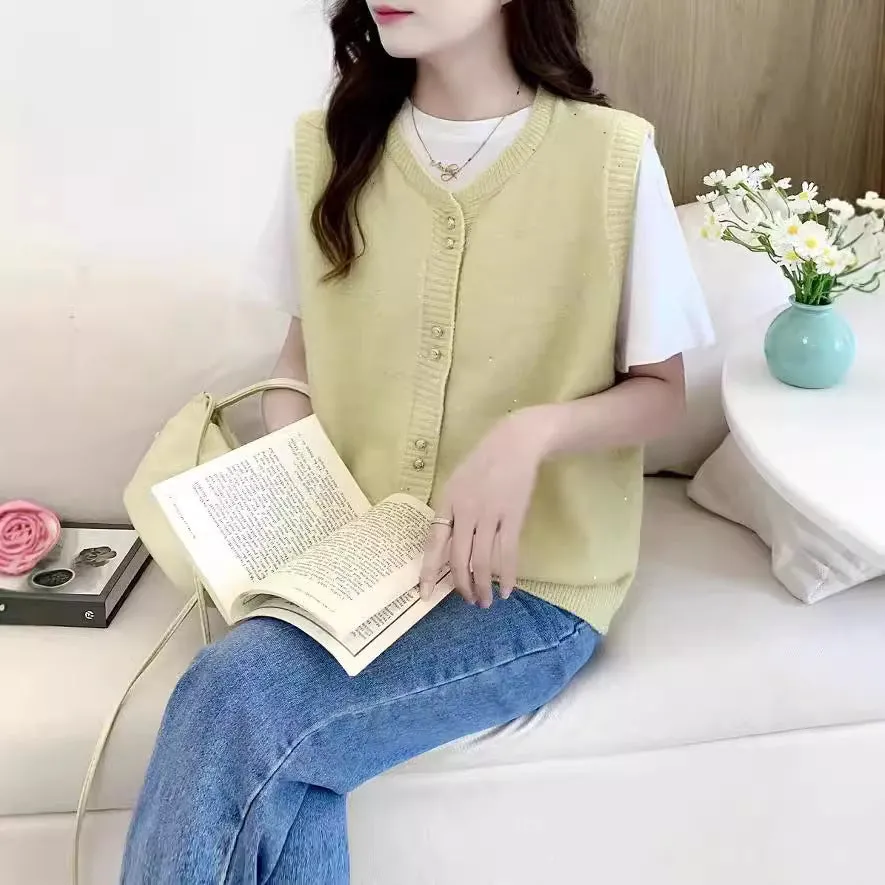 XIEYINSHE Autumn new knitted vest cardigan women's loose Korean version stacked wearing gold silk casual vest vest outside cardigan women