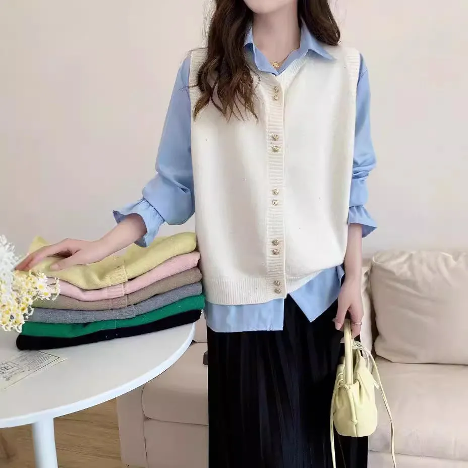 XIEYINSHE Autumn new knitted vest cardigan women's loose Korean version stacked wearing gold silk casual vest vest outside cardigan women