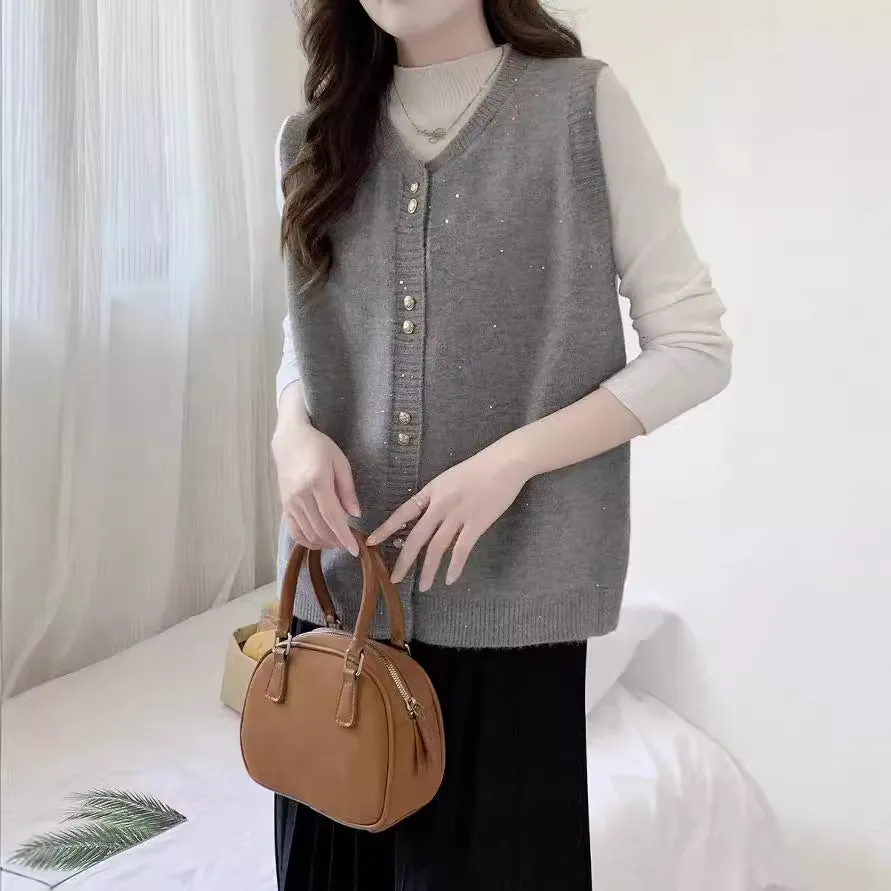 XIEYINSHE Autumn new knitted vest cardigan women's loose Korean version stacked wearing gold silk casual vest vest outside cardigan women