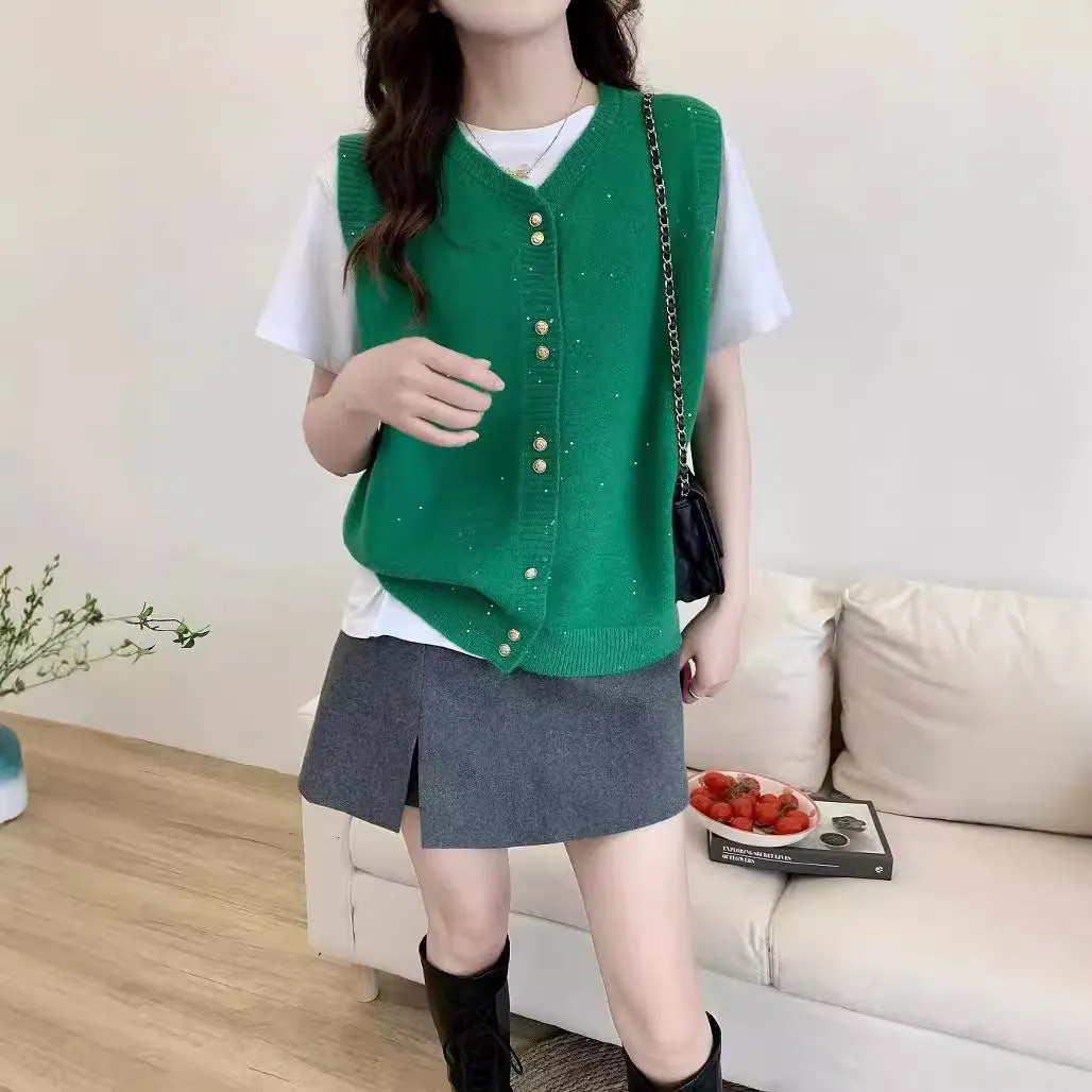 XIEYINSHE Autumn new knitted vest cardigan women's loose Korean version stacked wearing gold silk casual vest vest outside cardigan women