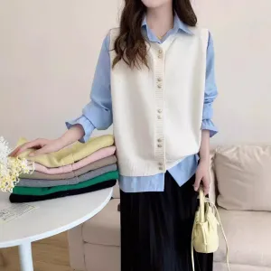 XIEYINSHE Autumn new knitted vest cardigan women's loose Korean version stacked wearing gold silk casual vest vest outside cardigan women