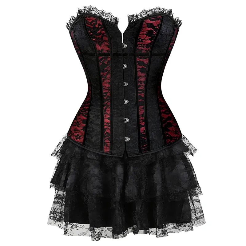 XXXL Women's Lace Cover Overbust Corset Lace Up Boned Lingerie Zipper Side Carnival Waist and Body Shaper Bustier Plus Size