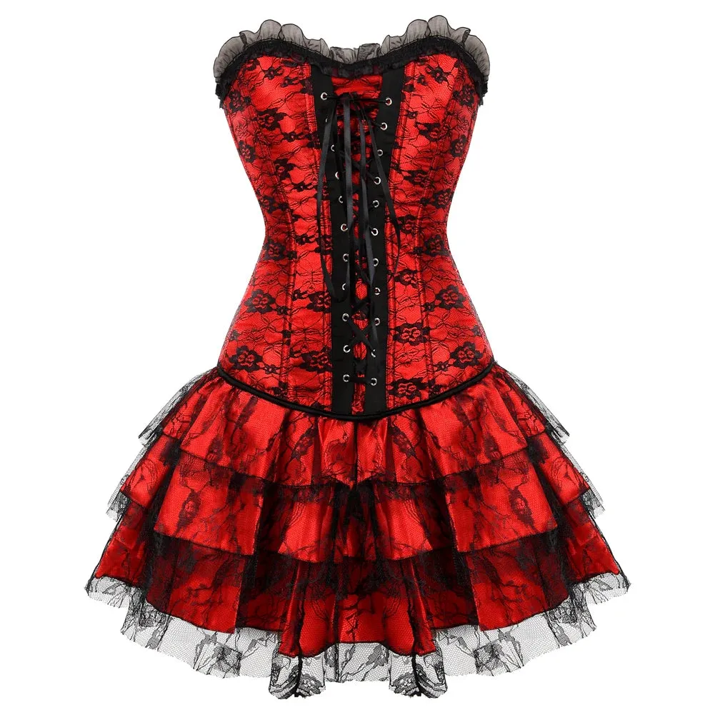 XXXL Women's Lace Cover Overbust Corset Lace Up Boned Lingerie Zipper Side Carnival Waist and Body Shaper Bustier Plus Size