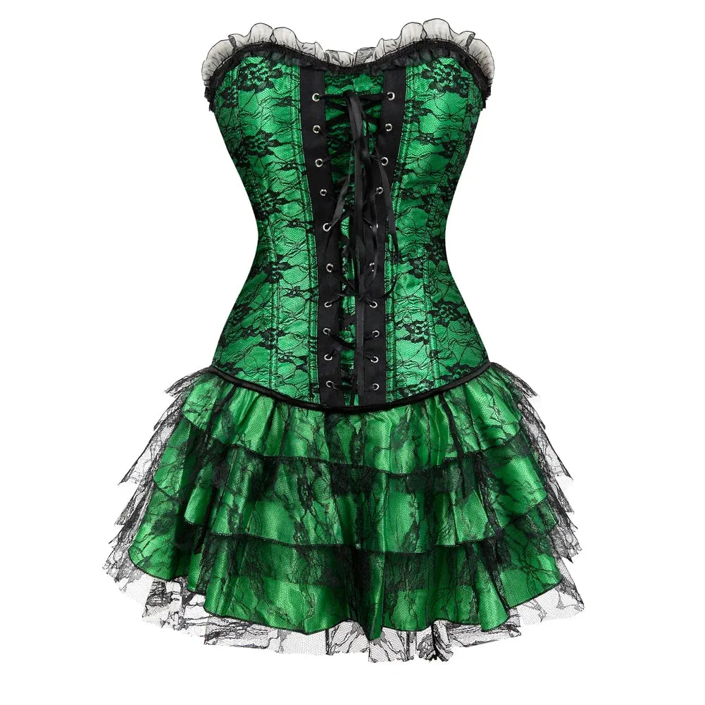 XXXL Women's Lace Cover Overbust Corset Lace Up Boned Lingerie Zipper Side Carnival Waist and Body Shaper Bustier Plus Size