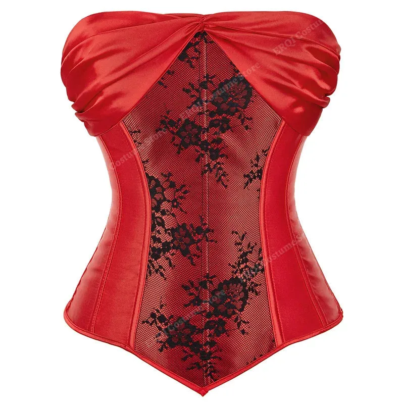XXXL Women's Lace Cover Overbust Corset Lace Up Boned Lingerie Zipper Side Carnival Waist and Body Shaper Bustier Plus Size