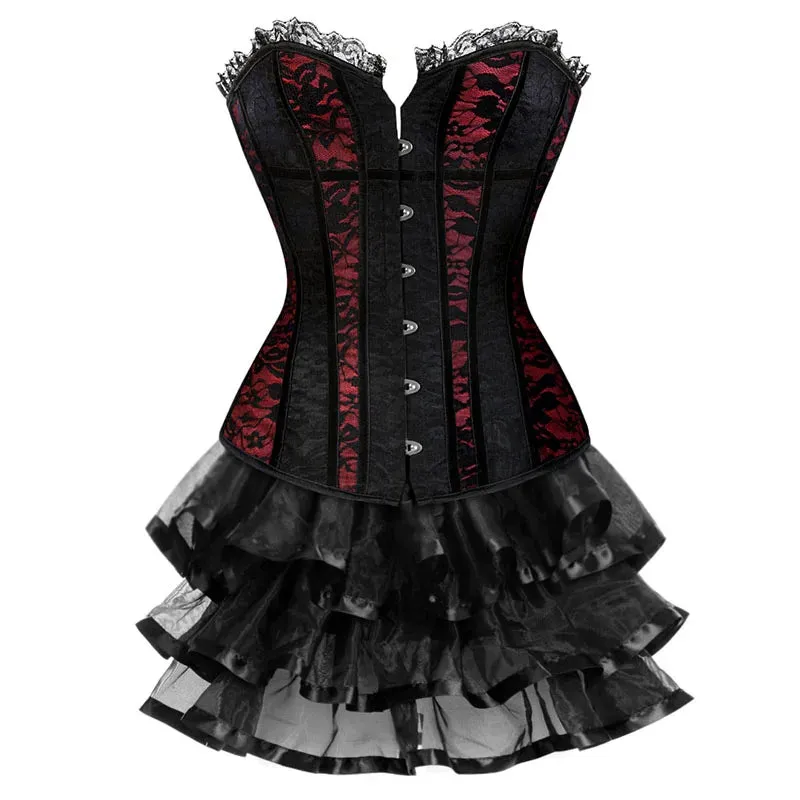 XXXL Women's Lace Cover Overbust Corset Lace Up Boned Lingerie Zipper Side Carnival Waist and Body Shaper Bustier Plus Size