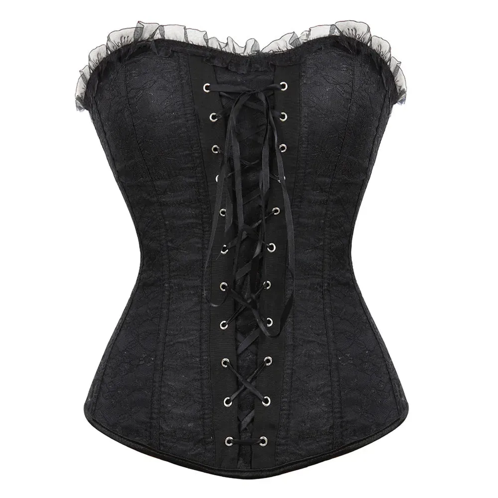 XXXL Women's Lace Cover Overbust Corset Lace Up Boned Lingerie Zipper Side Carnival Waist and Body Shaper Bustier Plus Size