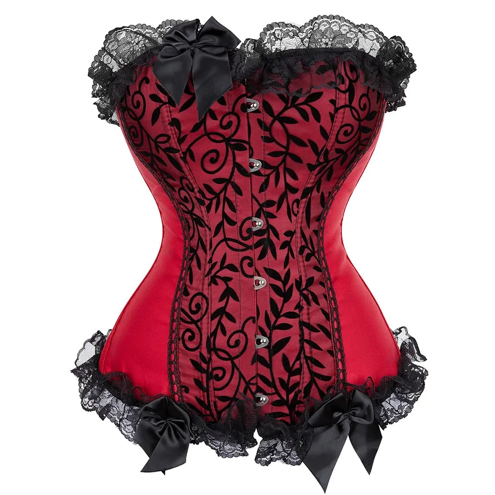 XXXL Women's Lace Cover Overbust Corset Lace Up Boned Lingerie Zipper Side Carnival Waist and Body Shaper Bustier Plus Size