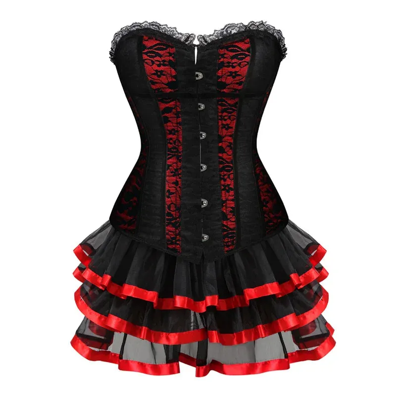 XXXL Women's Lace Cover Overbust Corset Lace Up Boned Lingerie Zipper Side Carnival Waist and Body Shaper Bustier Plus Size