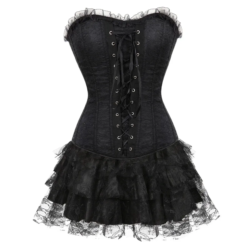 XXXL Women's Lace Cover Overbust Corset Lace Up Boned Lingerie Zipper Side Carnival Waist and Body Shaper Bustier Plus Size