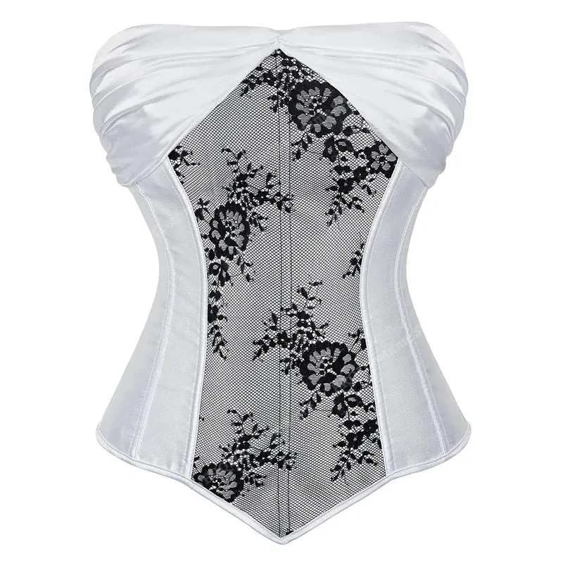 XXXL Women's Lace Cover Overbust Corset Lace Up Boned Lingerie Zipper Side Carnival Waist and Body Shaper Bustier Plus Size