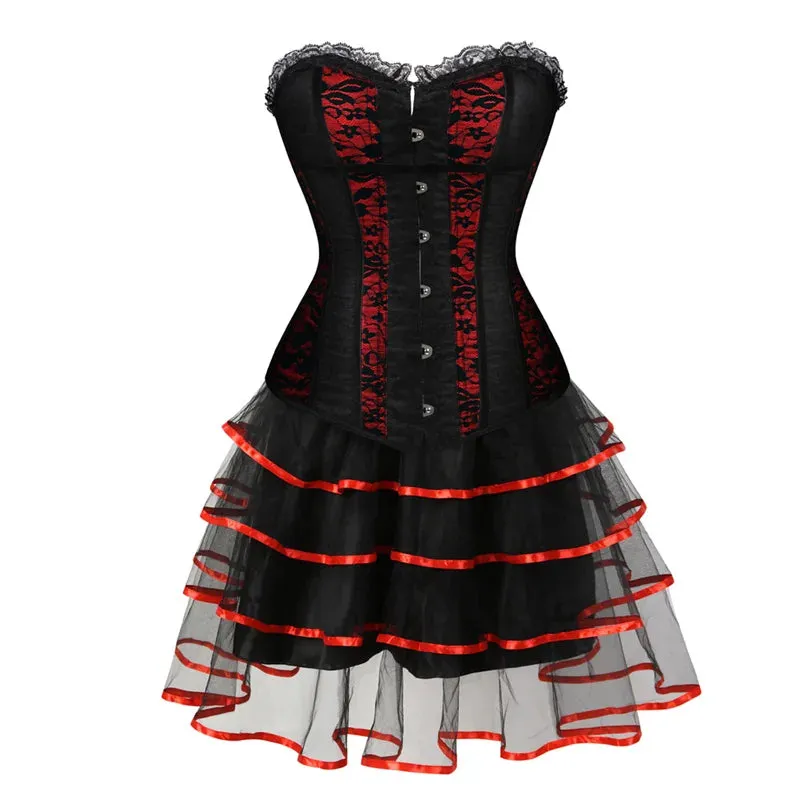 XXXL Women's Lace Cover Overbust Corset Lace Up Boned Lingerie Zipper Side Carnival Waist and Body Shaper Bustier Plus Size