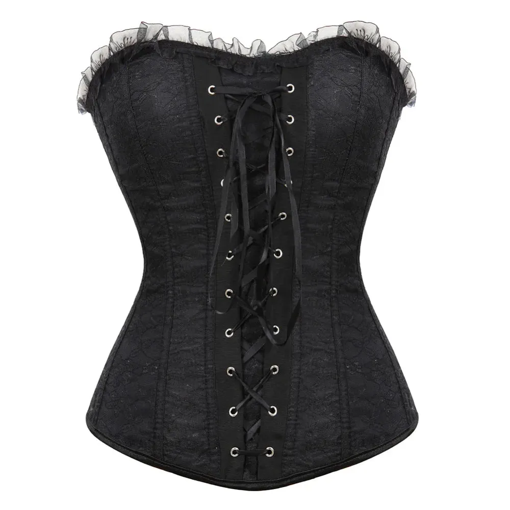 XXXL Women's Lace Cover Overbust Corset Lace Up Boned Lingerie Zipper Side Carnival Waist and Body Shaper Bustier Plus Size