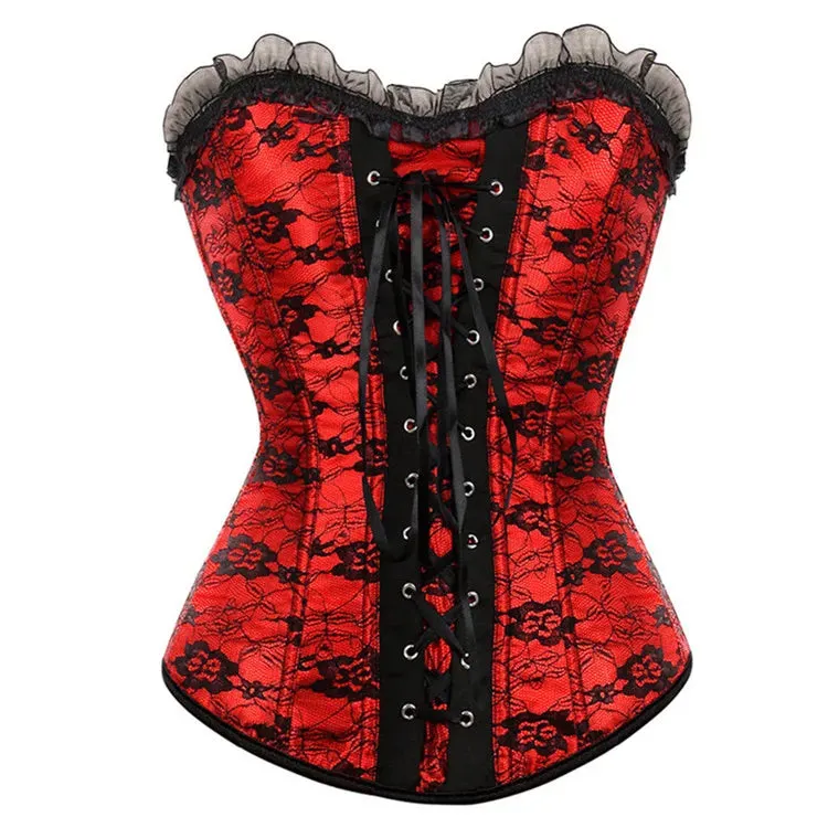 XXXL Women's Lace Cover Overbust Corset Lace Up Boned Lingerie Zipper Side Carnival Waist and Body Shaper Bustier Plus Size