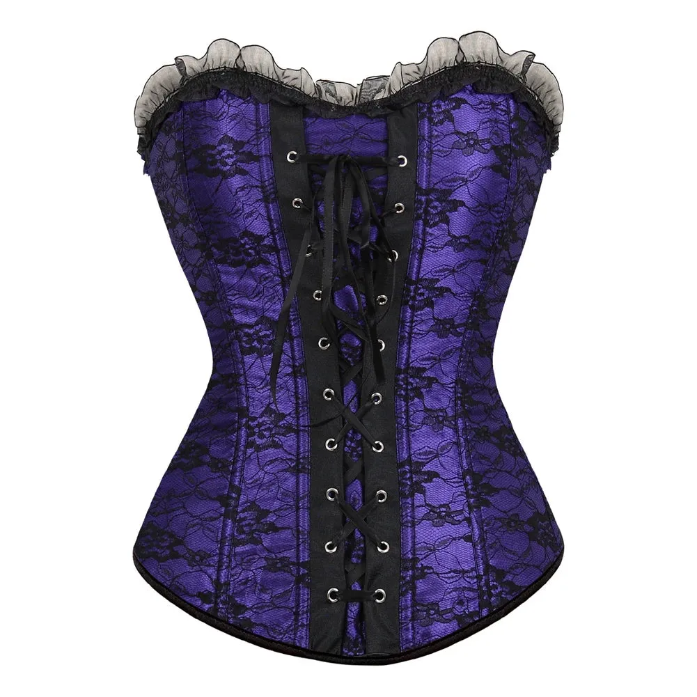 XXXL Women's Lace Cover Overbust Corset Lace Up Boned Lingerie Zipper Side Carnival Waist and Body Shaper Bustier Plus Size