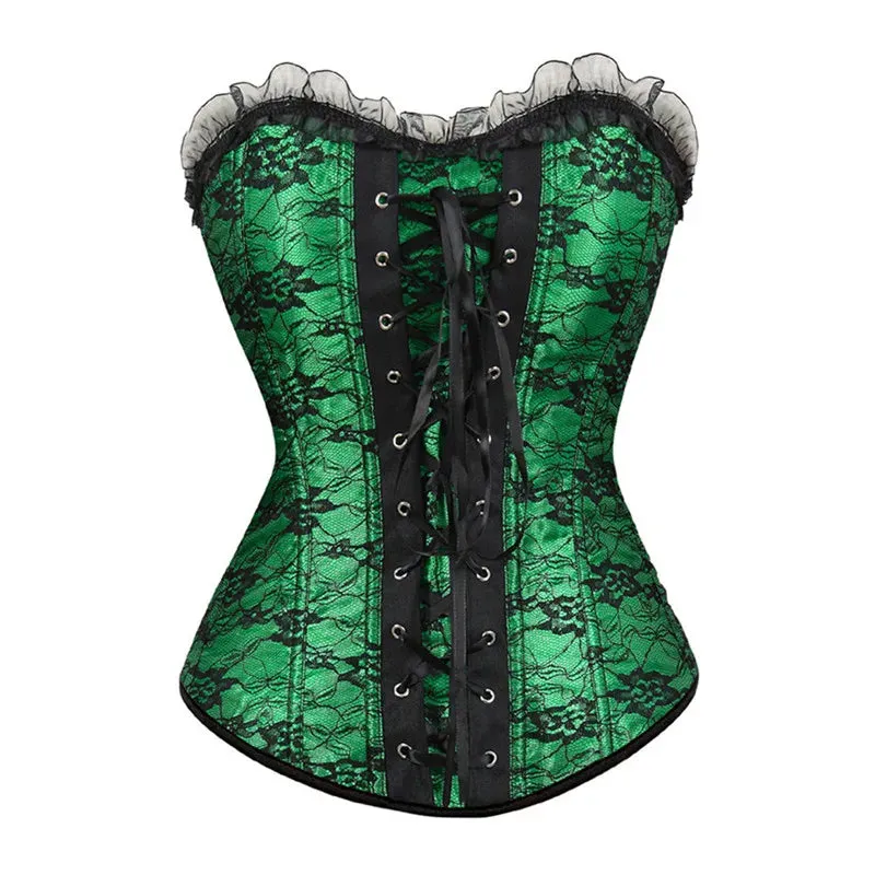 XXXL Women's Lace Cover Overbust Corset Lace Up Boned Lingerie Zipper Side Carnival Waist and Body Shaper Bustier Plus Size